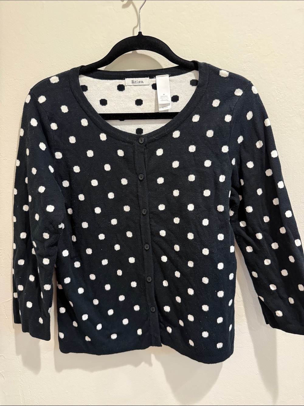 Liz Claiborne cotton Black Cardigan with White Polka Dots